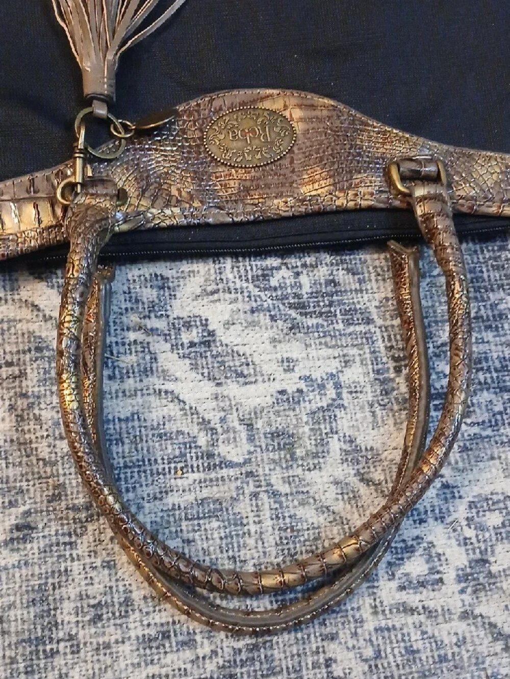 Reba Black Laptop Tote with Metallic Brown Faux-Croc Trim and Tassel